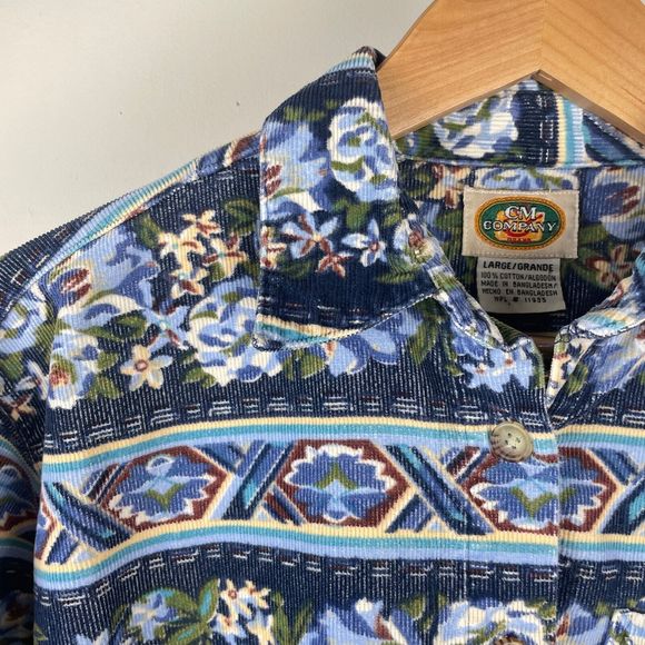 Vintage CM Company‎ Corduroy Shirt Button Up Blue Floral Stripe Womens Large - Picture 1 of 5